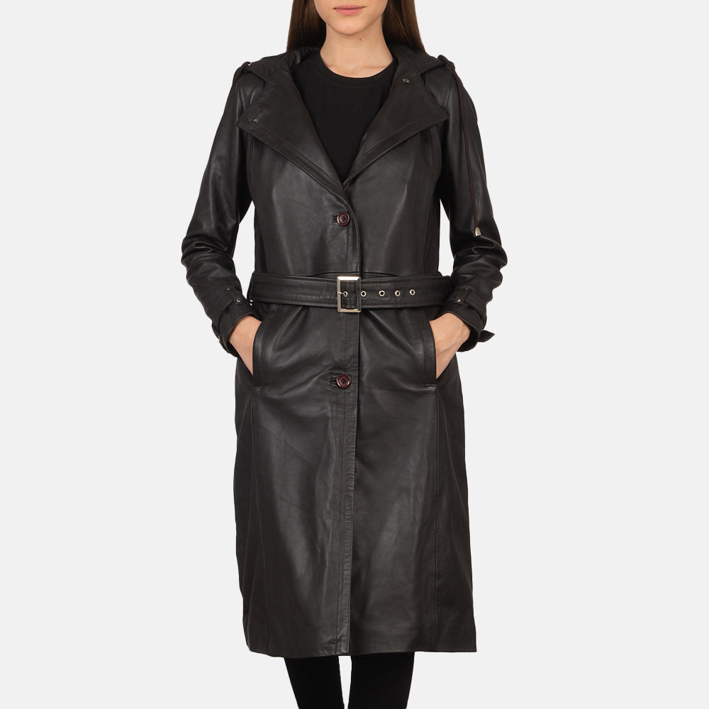 
Fixon Hooded ブラウン レザートレンチコート レディース in Brown Sheepskin Leather - 正面スタイル＆テーラードシルエット | 公式オンライン通販