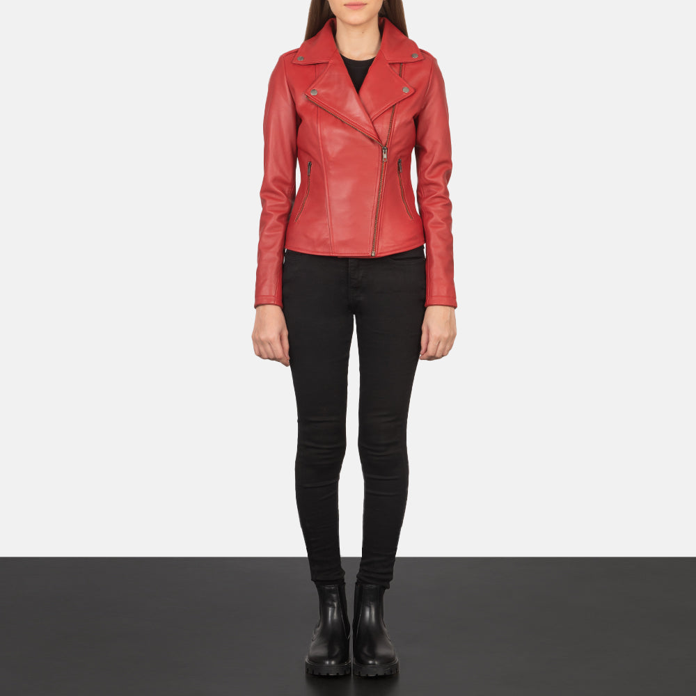 Close-Up Detail of Notch & Zipper Hardware on Women's Flashback Red Leather Biker Jacket
