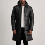 
Floyd Tan Hooded Leather Puffer Coat in Tan Brown Sheepskin Leather - 正面スタイル＆テーラードシルエット | 公式オンライン通販