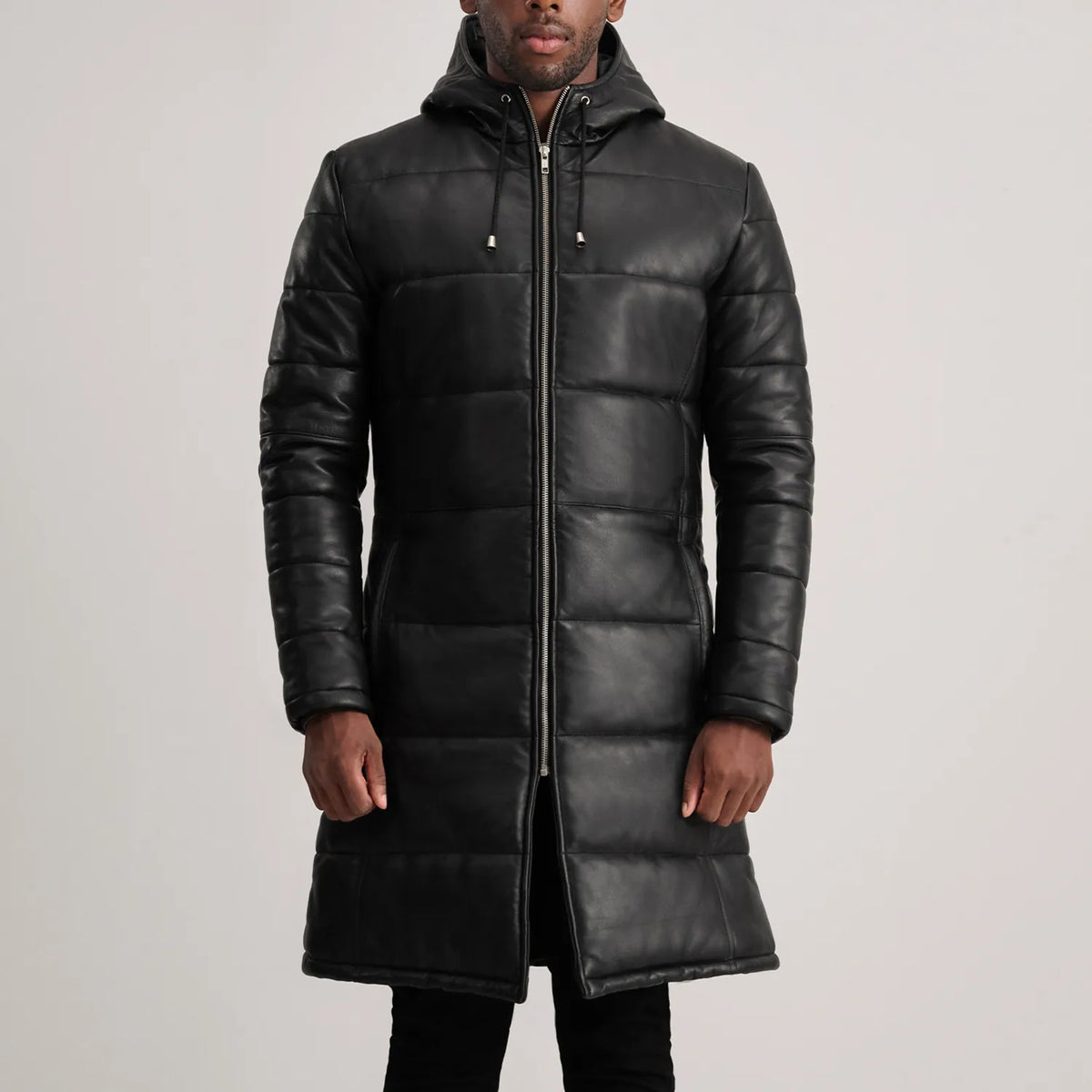 
クローズアップ詳細 of Hooded & Zipper Hardware on Floyd Tan Hooded Leather Puffer Coat
