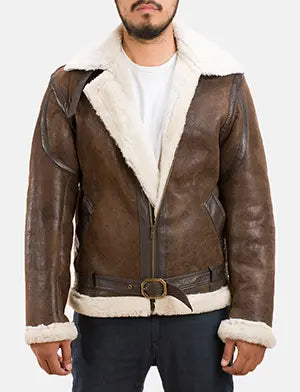 Men's Forest Double Face ムートンジャケット メンズ in Distressed Brown Sheepskin Leather - Front Profile View &amp; Tailored Silhouette | Buy Online