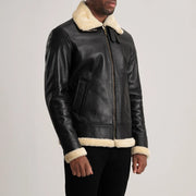 Black Sheepskin Leather Bomber Jacket - Back View Showing Tailored Shoulder Fit &amp; Clean Hemline