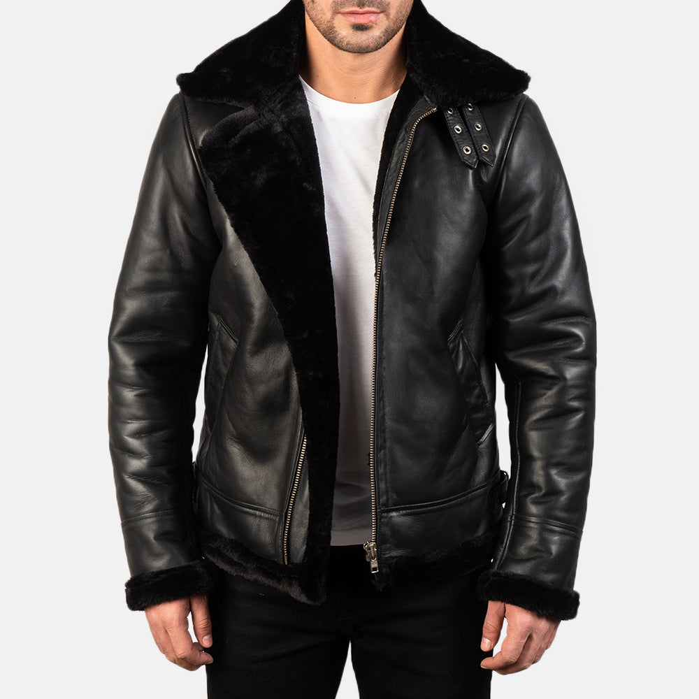 Roll-back Cuffs &amp; Hem Craftsmanship Construction Detail on Men's Francis B-3 Black Leather Bomber Jacket