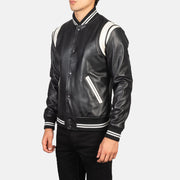 
Black & White Sheepskin Leather Varsity Jacket - 美しい肩のラインと裾の仕立てが際立つ背面ビュー