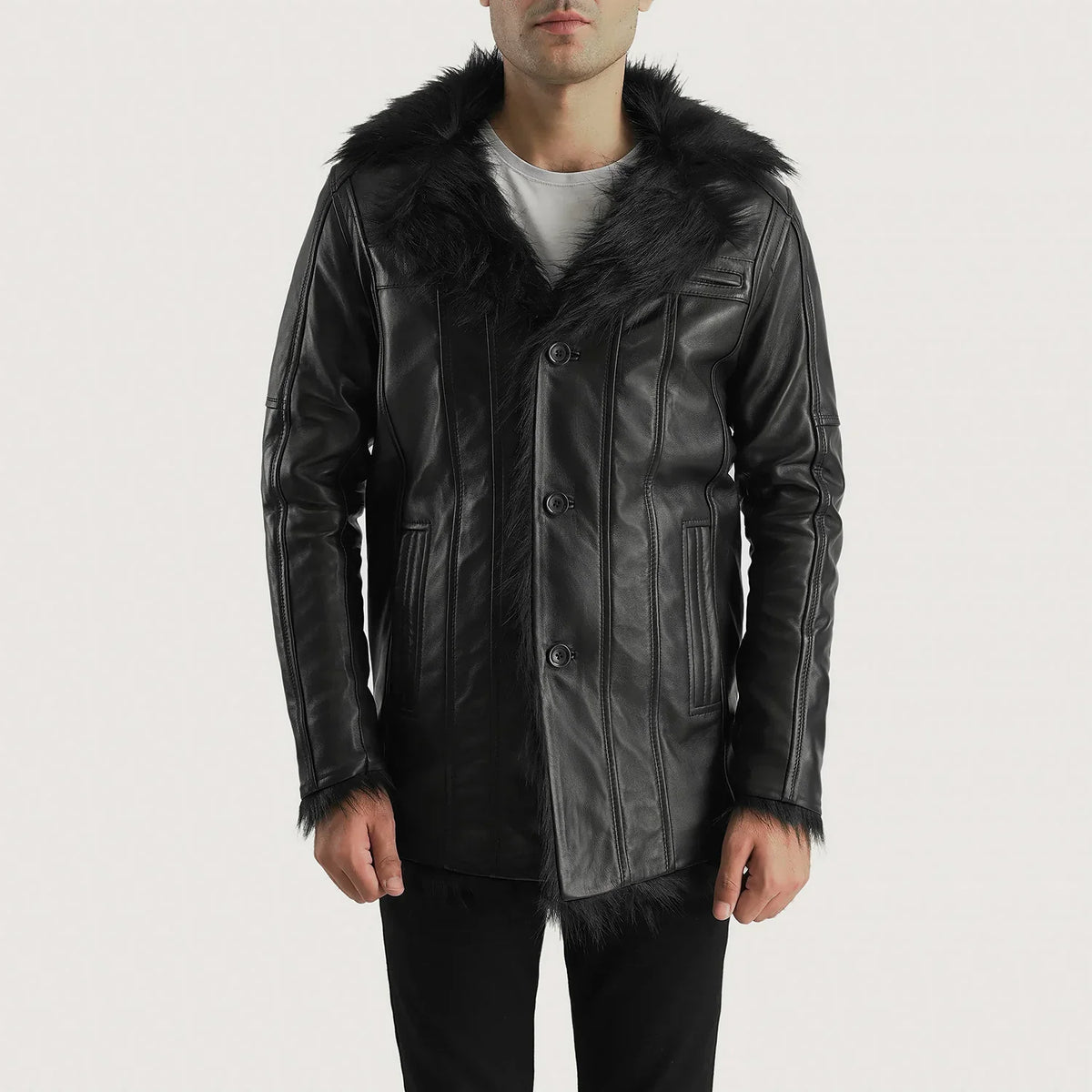 
Furcliff ブラック レザーコート メンズ in Black Sheepskin Leather - 正面スタイル＆テーラードシルエット | 公式オンライン通販