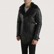 
Black Sheepskin Leather Aviator Jacket - 美しい肩のラインと裾の仕立てが際立つ背面ビュー