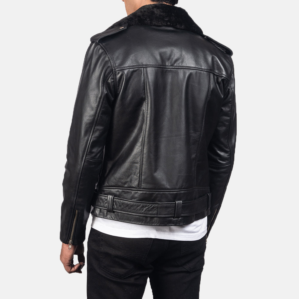 
クローズアップ詳細 of Notch with Removable Fur & Zipper with Waist belt Hardware on Furton Black Leather Biker Jacket