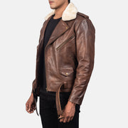 
着用イメージ： Furton Black Leather Biker Jacket モデル着用（自然光でのドレープ感）