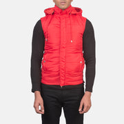 
クローズアップ詳細 of Band with Removable Hood & Zipper with dual puller and wind flap Hardware on Fuston レッド フード付きパファーベスト メンズ