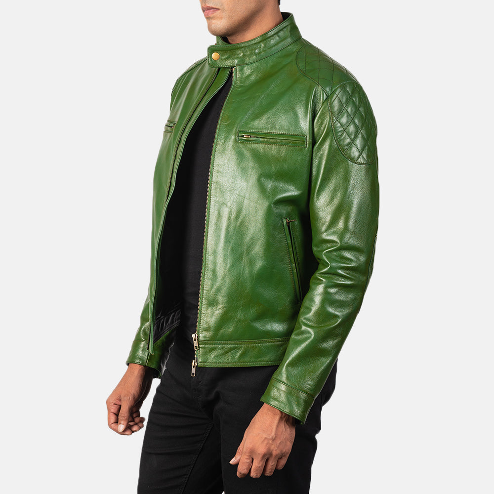 
Green Sheepskin Burnishing Biker Jacket - 美しい肩のラインと裾の仕立てが際立つ背面ビュー