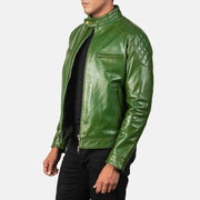 
Green Sheepskin Burnishing Biker Jacket - 美しい肩のラインと裾の仕立てが際立つ背面ビュー