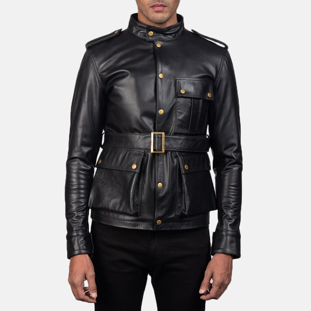 Germain ブラック レザージャケット メンズ in Black Cowhide Leather - Front Profile View &amp; Tailored Silhouette | Buy Online