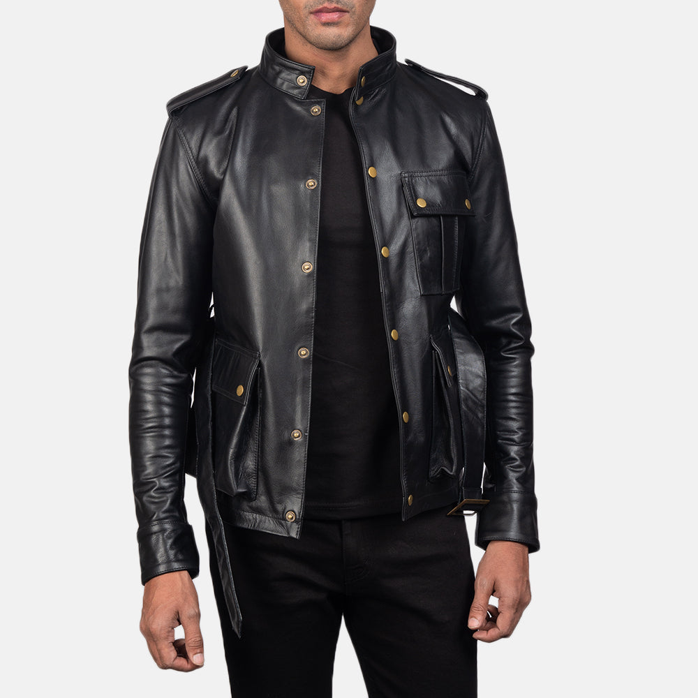 Germain ブラック レザージャケット メンズ - Lateral Side Profile View Showing Sleeve Cut &amp; Athletic Taper Fit