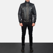 
クローズアップ詳細 of High neck & Zipper Hardware on Glen Street ブラック レザーボンバージャケット メンズ