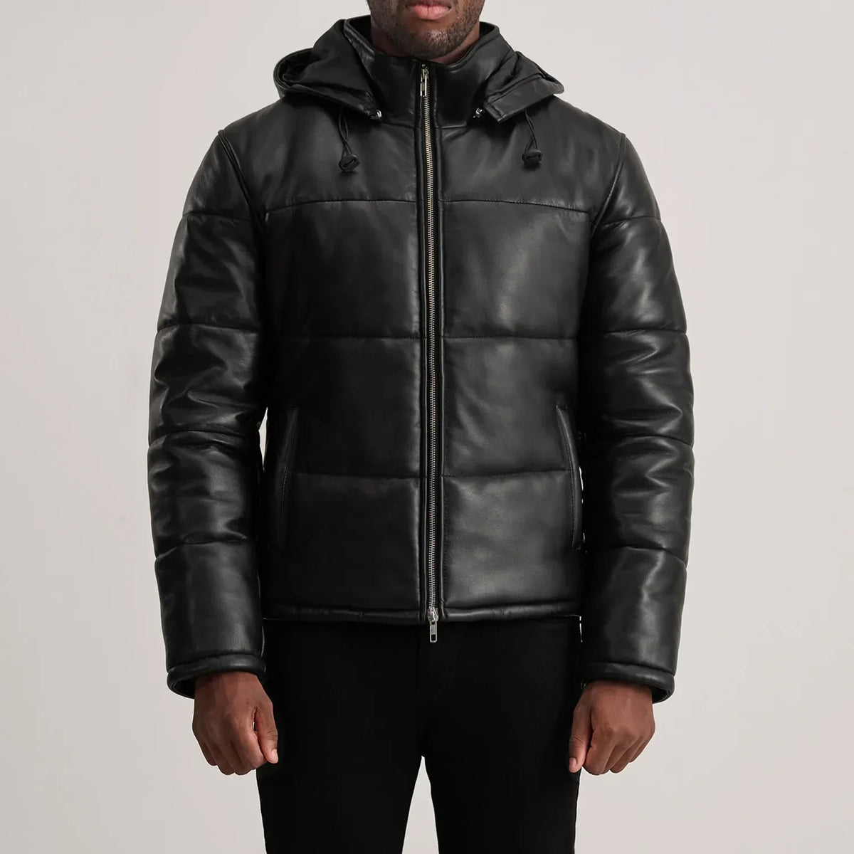 
クローズアップ詳細 of High neck & Zipper Hardware on Gordon Tan Hooded Leather Puffer Jacket