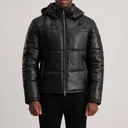 
クローズアップ詳細 of High neck & Zipper Hardware on Gordon Tan Hooded Leather Puffer Jacket