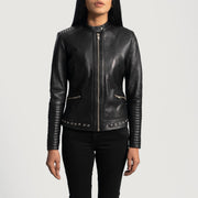 Women's Haley Ray ブラック レザーライダースジャケット レディース in Black Sheepskin Leather - Front Profile View &amp; Tailored Silhouette | Buy Online