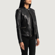 Women's Haley Ray ブラック レザーライダースジャケット レディース - Lateral Side Profile View Showing Sleeve Cut &amp; Athletic Taper Fit