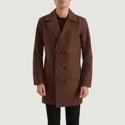 Men's Half Life ブラウン レザーコート メンズ in Distressed Brown Cowhide Leather - Front Profile View &amp; Tailored Silhouette | Buy Online