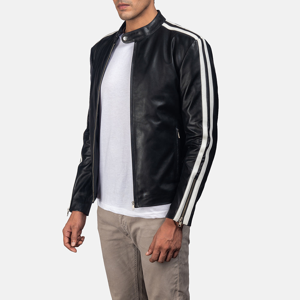 
Black & White Cowhide Leather Biker Jacket - 美しい肩のラインと裾の仕立てが際立つ背面ビュー