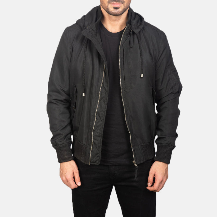 Hanklin MA-1 ブラック Hooded レザーボンバージャケット メンズ