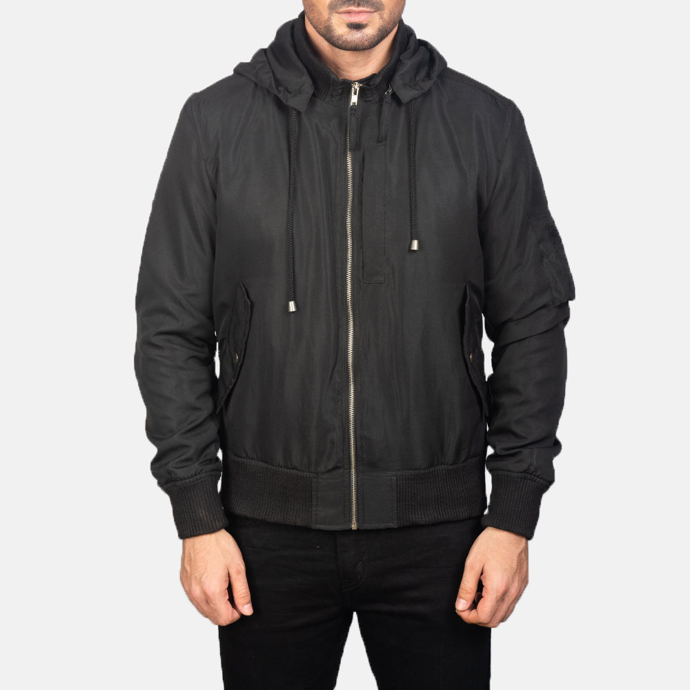 
クローズアップ詳細 of Knit Rib with Removable Polyester Hood & Zipper Hardware on Hanklin Ma-1 Black Hooded Bomber Jacket