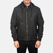 
クローズアップ詳細 of Knit Rib with Removable Polyester Hood & Zipper Hardware on Hanklin Ma-1 Black Hooded Bomber Jacket