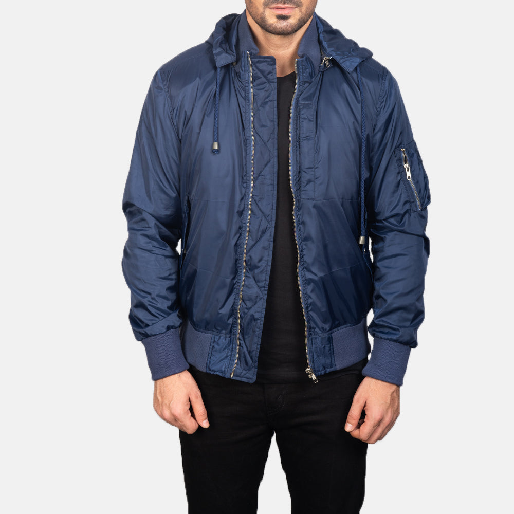 Men's Blue Hooded Bomber Jacket in Blue Nylon - Front Profile View &amp; Tailored Silhouette | Buy Online