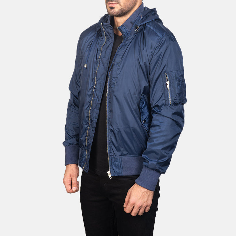 Hanklin MA-1 ブルー Hooded レザーボンバージャケット メンズ