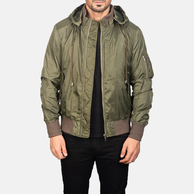 Hanklin MA-1 グリーン Hooded レザーボンバージャケット メンズ