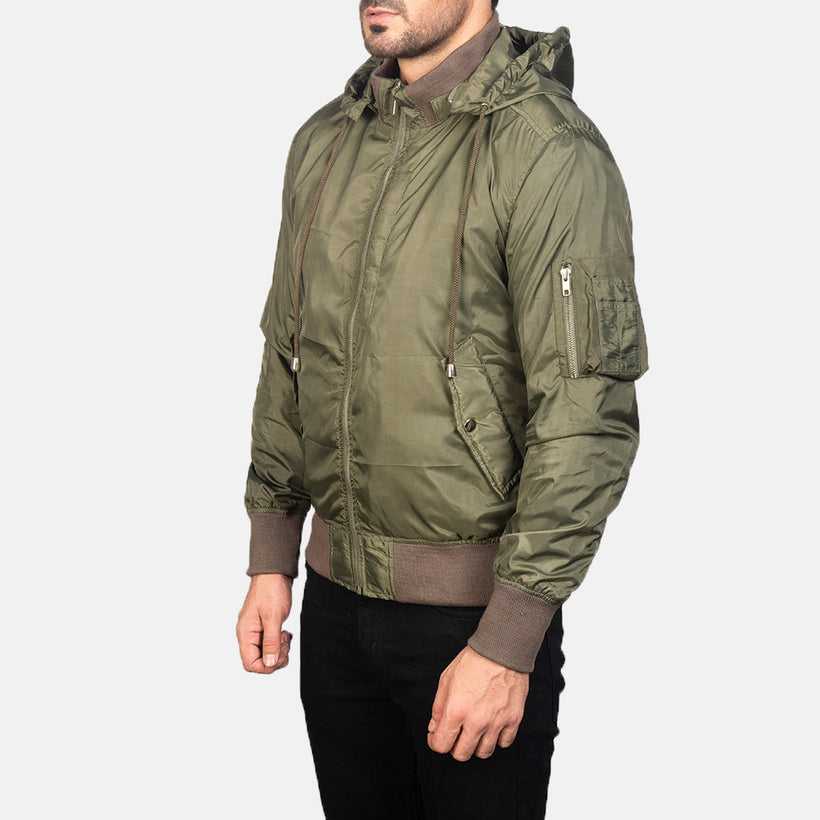 Hanklin MA-1 グリーン Hooded レザーボンバージャケット メンズ