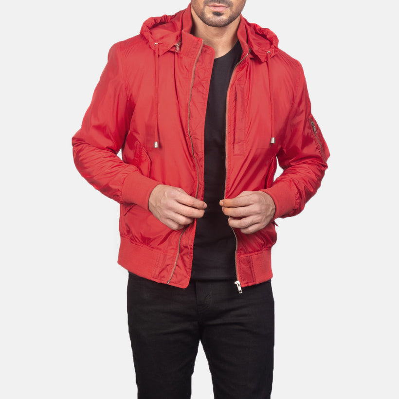 Hanklin MA-1 レッド Hooded レザーボンバージャケット メンズ