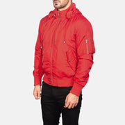 Red Nylon Bomber Jacket - Back View Showing Tailored Shoulder Fit &amp; Clean Hemline