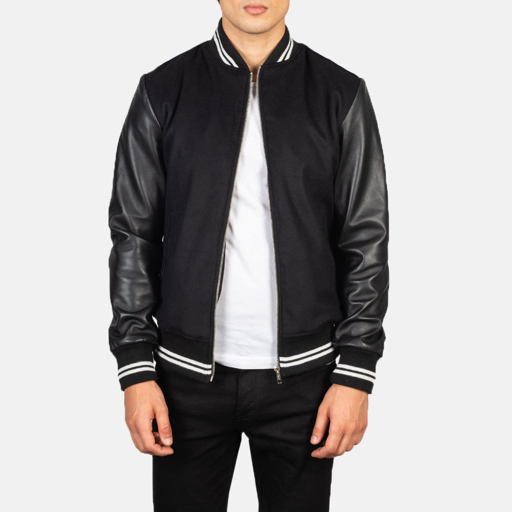 Harrison ブラック Hybrid Varsity レザージャケット メンズ in Black Sheepskin Leather - Front Profile View &amp; Tailored Silhouette | Buy Online