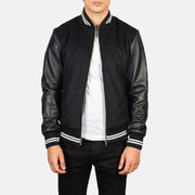 Harrison ブラック Hybrid Varsity レザージャケット メンズ in Black Sheepskin Leather - Front Profile View &amp; Tailored Silhouette | Buy Online