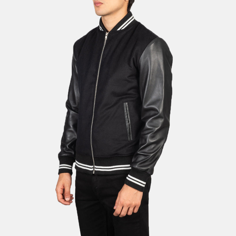 Harrison ブラック Hybrid Varsity レザージャケット メンズ
