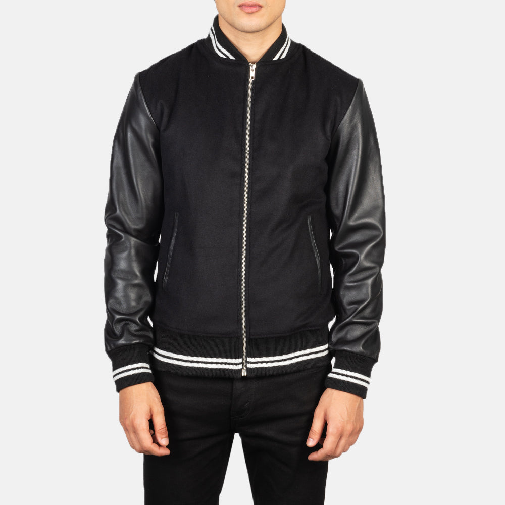 Harrison ブラック Hybrid Varsity レザージャケット メンズ - Lateral Side Profile View Showing Sleeve Cut &amp; Athletic Taper Fit