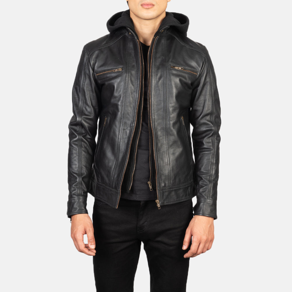 Men's Hector ブラック Hooded レザーライダースジャケット メンズ in Black Cowhide Leather - Front Profile View &amp; Tailored Silhouette | Buy Online