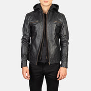 Men's Hector ブラック Hooded レザーライダースジャケット メンズ in Black Cowhide Leather - Front Profile View &amp; Tailored Silhouette | Buy Online