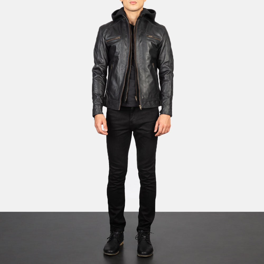 Men's Hector ブラック Hooded レザーライダースジャケット メンズ - Lateral Side Profile View Showing Sleeve Cut &amp; Athletic Taper Fit