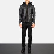 Men's Hector ブラック Hooded レザーライダースジャケット メンズ - Lateral Side Profile View Showing Sleeve Cut &amp; Athletic Taper Fit