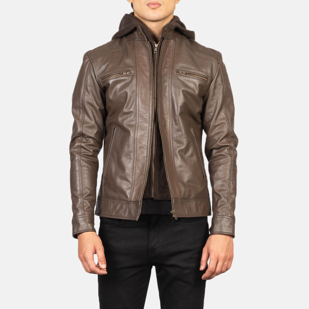 Men's Hector ブラウン Hooded レザーライダースジャケット メンズ in Brown Cowhide Leather - Front Profile View &amp; Tailored Silhouette | Buy Online