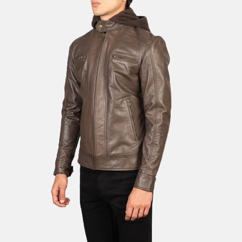 Hector ブラウン Hooded レザーライダースジャケット メンズ