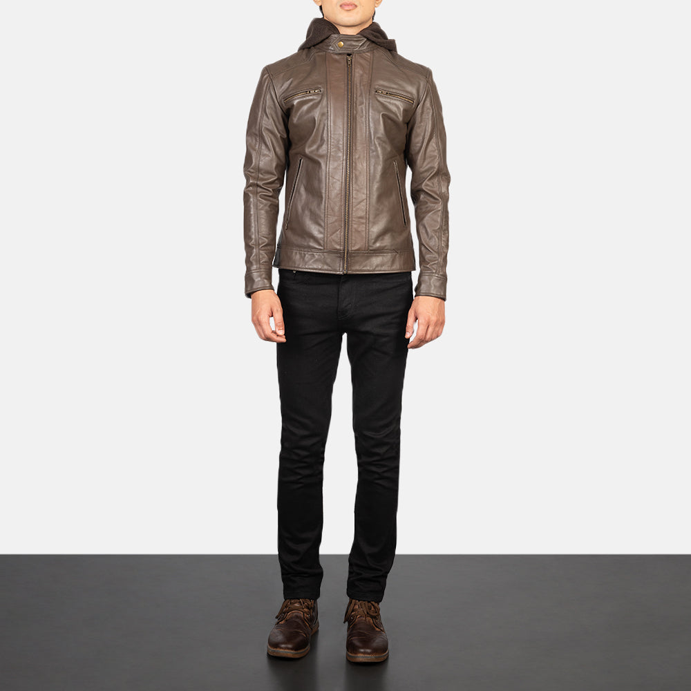 Men's Hector ブラウン Hooded レザーライダースジャケット メンズ - Lateral Side Profile View Showing Sleeve Cut &amp; Athletic Taper Fit