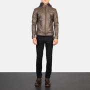 Men's Hector ブラウン Hooded レザーライダースジャケット メンズ - Lateral Side Profile View Showing Sleeve Cut &amp; Athletic Taper Fit