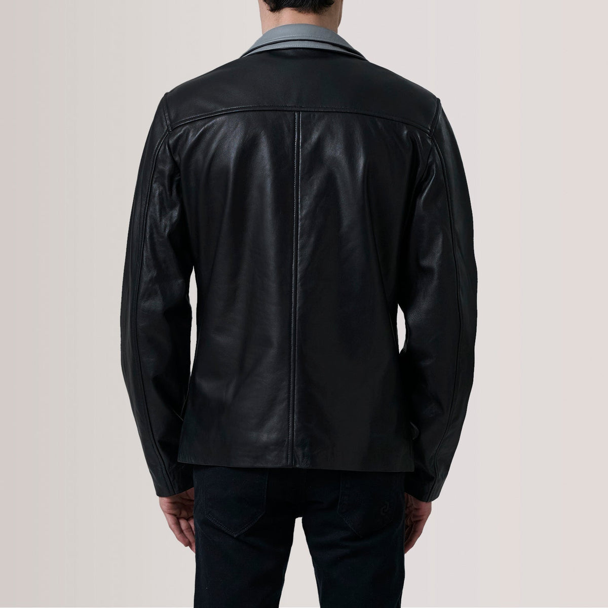 Close-Up Detail of Band Collar with Snap Button &amp; Zipper with placket Hardware on Henrik Grey Suede Cafe Racer For Men