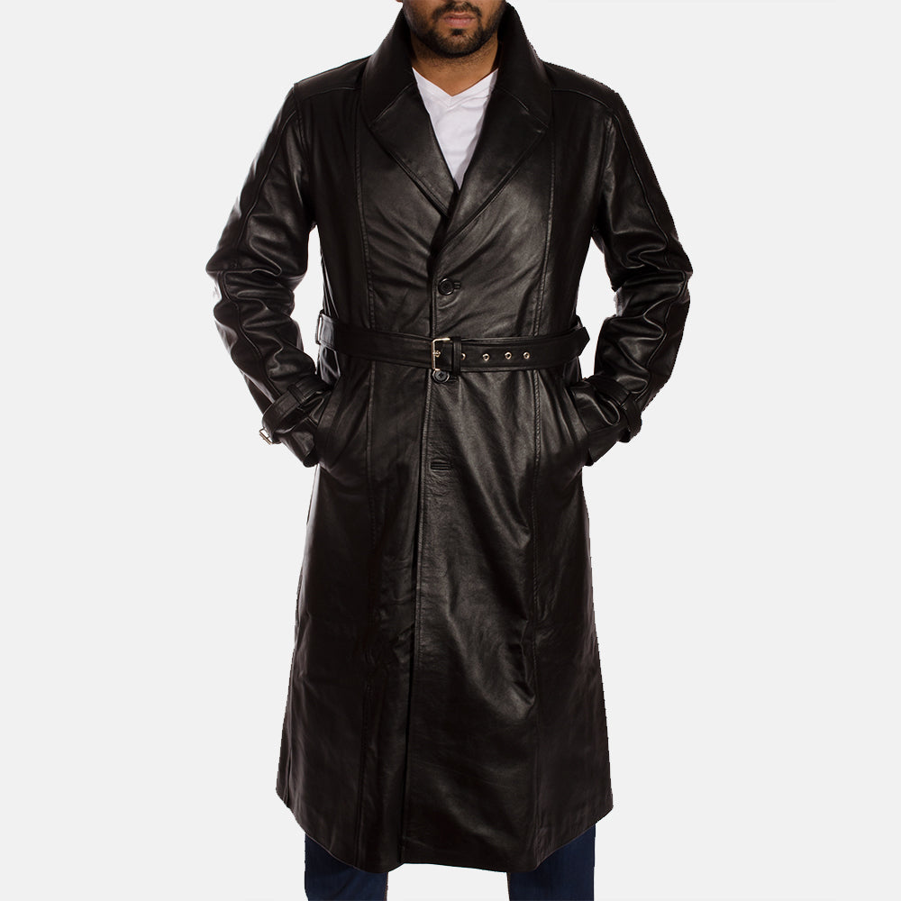 
Black Cowhide Leather Trench Coat - 美しい肩のラインと裾の仕立てが際立つ背面ビュー