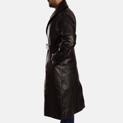 
クローズアップ詳細 of Notch & Button & Waist belt Hardware on Hooligan ブラック レザートレンチコート メンズ