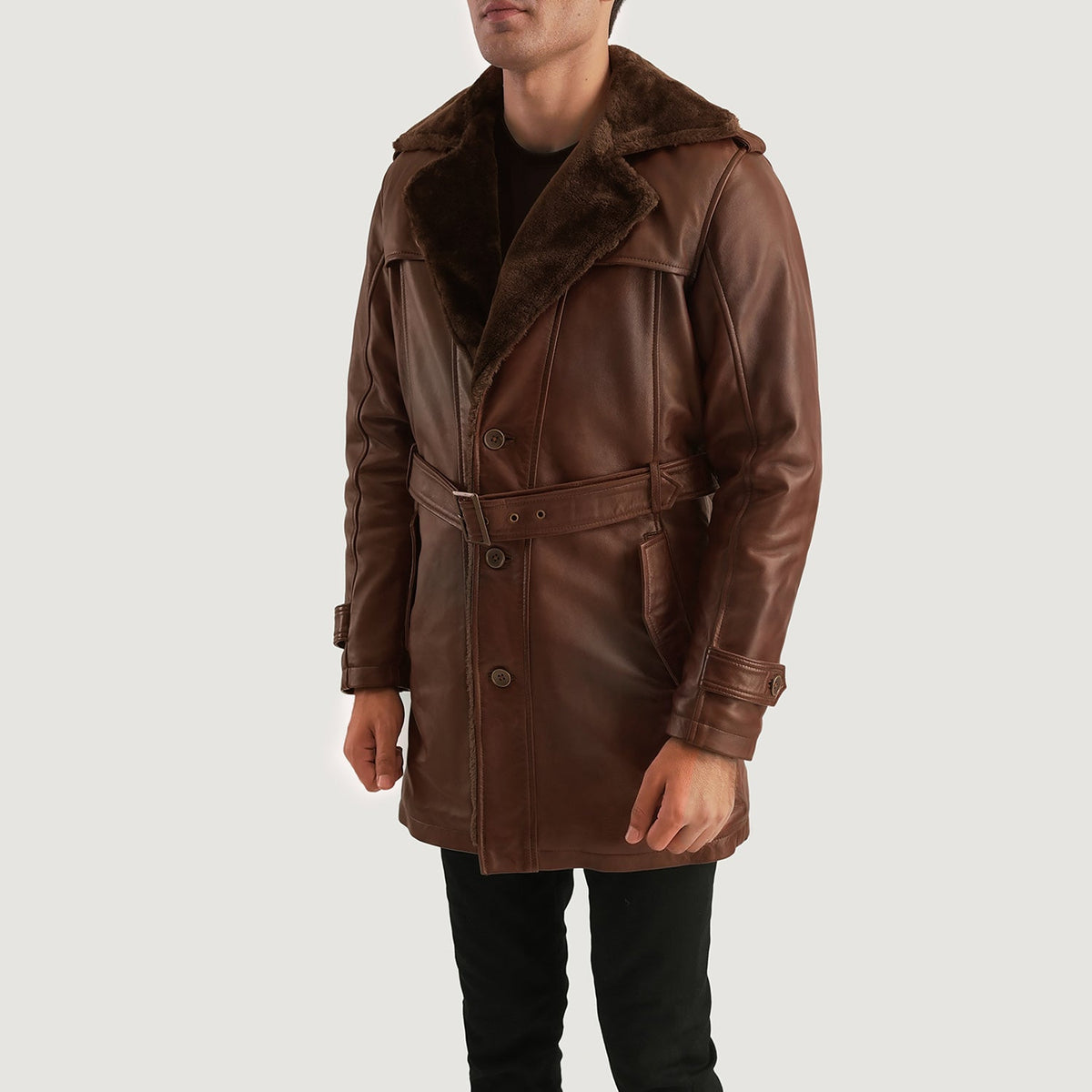 
Distressed Brown Sheepskin Burnishing Winter Jacket - 美しい肩のラインと裾の仕立てが際立つ背面ビュー
