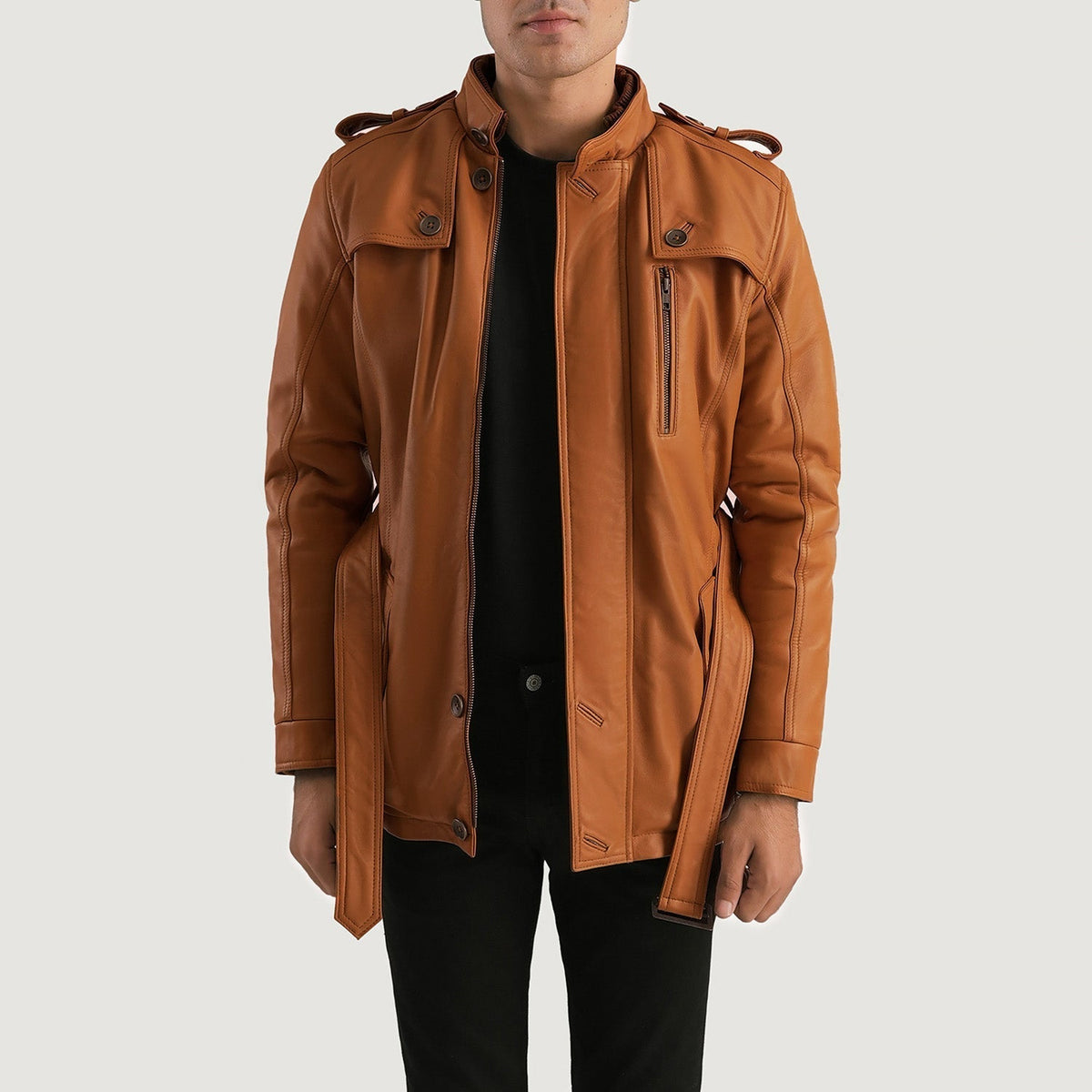 
Hunter タン ブラウン Fur レザージャケット メンズ in Tan Brown Sheepskin Leather - 正面スタイル＆テーラードシルエット | 公式オンライン通販